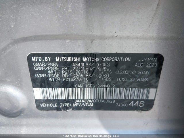 12647552 :رقم المزاد ، JA4AJVAW9RU600629 vin ، 2024 Mitsubishi Rvr Se/sel/noir/gt مزاد بيع