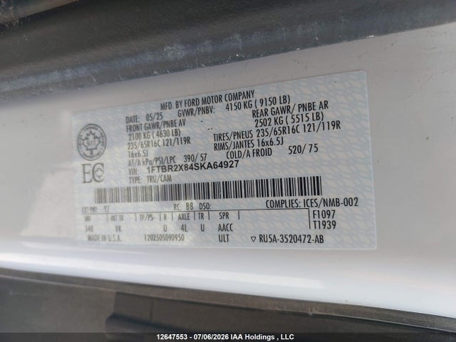 12647553 :رقم المزاد ، 1FTBR2X84SKA64927 vin ، 2025 Ford Transit T-250 مزاد بيع