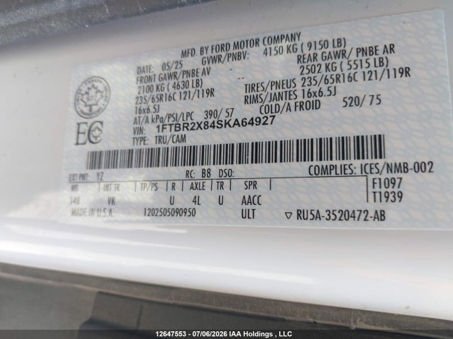 12647553 :رقم المزاد ، 1FTBR2X84SKA64927 vin ، 2025 Ford Transit T-250 مزاد بيع