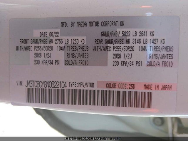 12647554 :رقم المزاد ، JM3TCBCY8N0622104 vin ، 2022 Mazda Cx-9 Gs/gs-l مزاد بيع