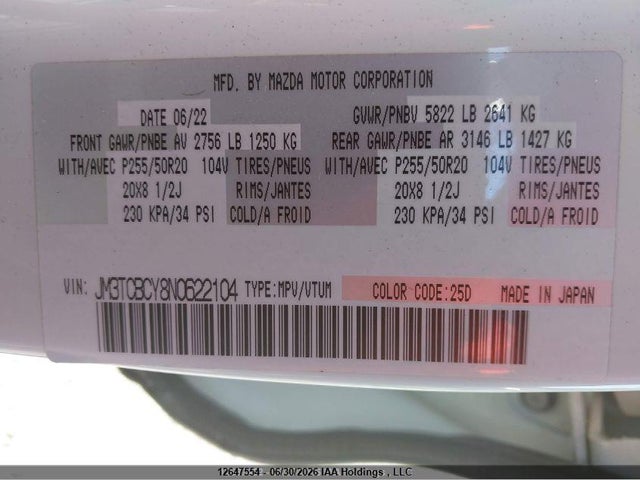 12647554 :رقم المزاد ، JM3TCBCY8N0622104 vin ، 2022 Mazda Cx-9 Gs/gs-l مزاد بيع