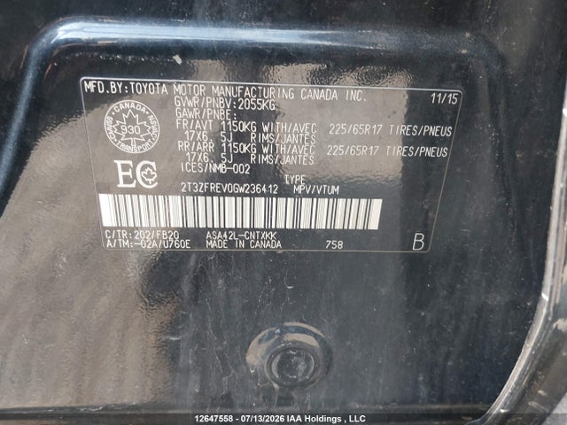 2T3ZFREV0GW236412 Toyota RAV4 LE