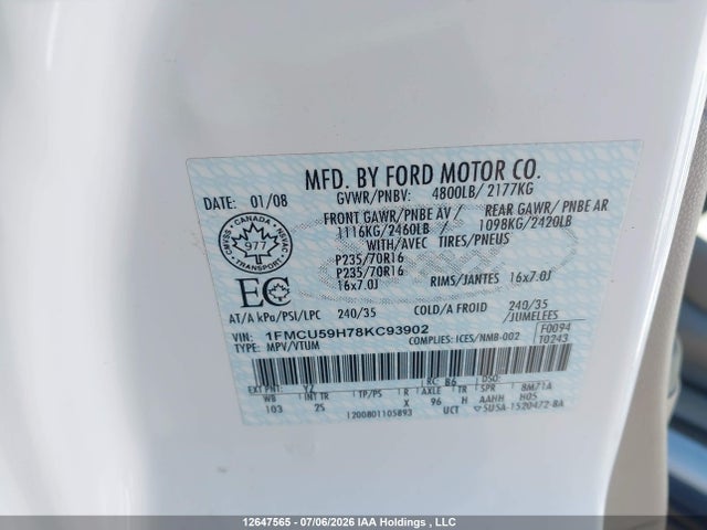 Aukcja sprzedaży 2008 Ford Escape Hev, vin: 1FMCU59H78KC93902, numer aukcji: 12647565