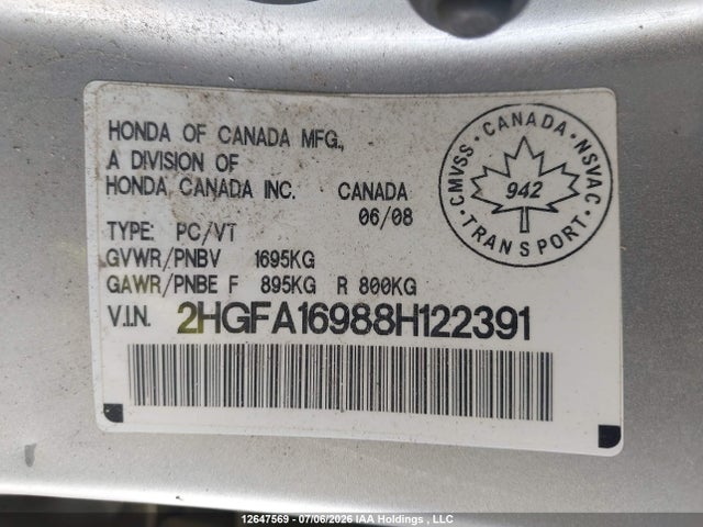 Aukcja sprzedaży 2008 Honda Civic Exl, vin: 2HGFA16988H122391, numer aukcji: 12647569