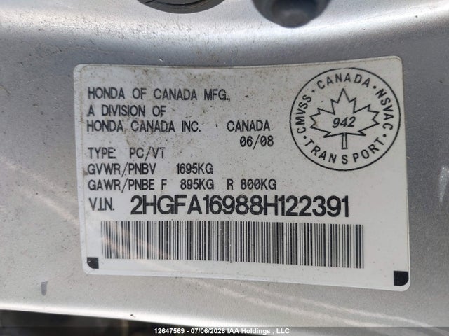Aukcja sprzedaży 2008 Honda Civic Exl, vin: 2HGFA16988H122391, numer aukcji: 12647569