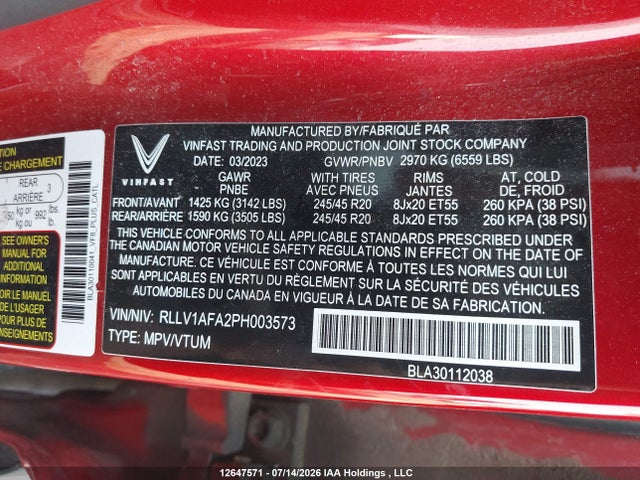 Aukcja sprzedaży 2023 Vinfast Vf 8 Plus, vin: RLLV1AFA2PH003573, numer aukcji: 12647571