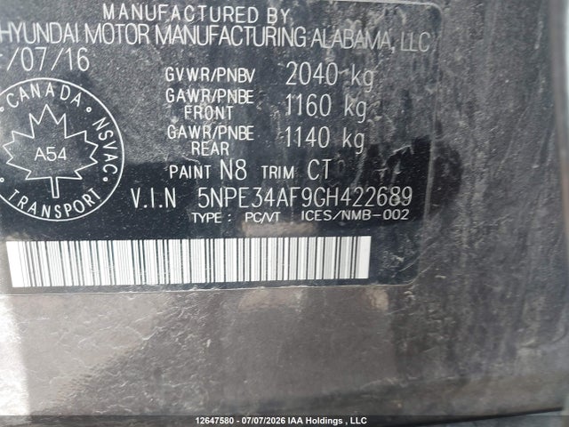 12647580 :رقم المزاد ، 5NPE34AF9GH422689 vin ، 2016 Hyundai Sonata Limited مزاد بيع