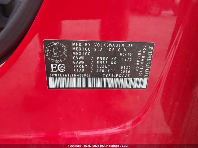 Продажа на аукционе авто 2015 Volkswagen Jetta S, vin: 3VW1K7AJ8FM405007, номер лота: 12647587