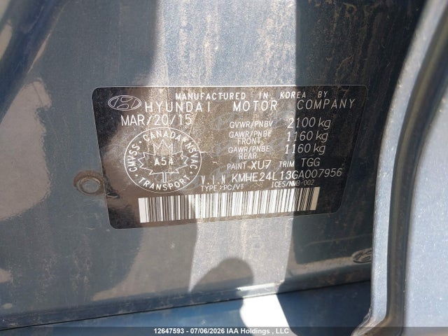 12647593 :رقم المزاد ، KMHE24L13GA007956 vin ، 2016 Hyundai Sonata Hybrid/se مزاد بيع