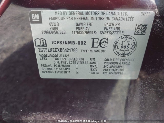 Aukcja sprzedaży 2011 Gmc Terrain Slt-2, vin: 2CTFLXECXB6421798, numer aukcji: 12647594