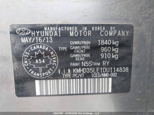 2013 Hyundai Elantra მანქანა იყიდება აუქციონზე, vin: KMHD35LE1DU114838, აუქციონის ნომერი: 12647597