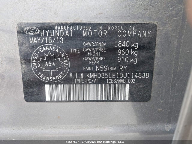 2013 Hyundai Elantra მანქანა იყიდება აუქციონზე, vin: KMHD35LE1DU114838, აუქციონის ნომერი: 12647597