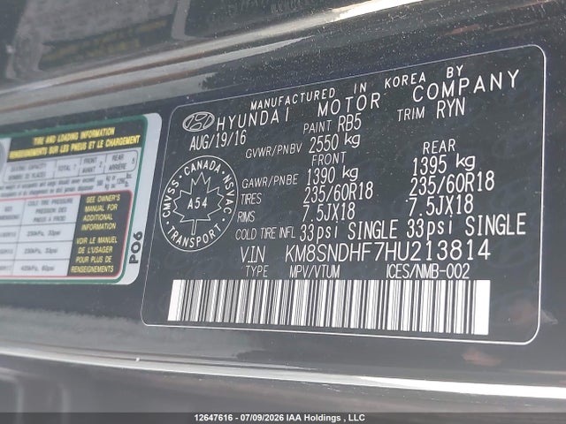 12647616 :رقم المزاد ، KM8SNDHF7HU213814 vin ، 2017 Hyundai Santa Fe Xl Luxury مزاد بيع