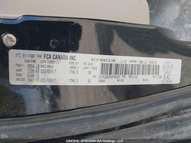 Продаж на аукціоні авто 2019 Dodge Grand Caravan Se, vin: 2C4RDGBG5KR794307, номер лоту: 12647618