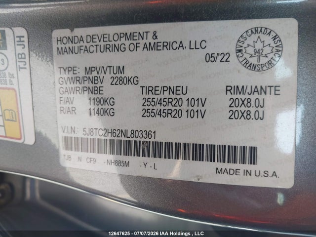 Aukcja sprzedaży 2022 Acura Rdx A-spec, vin: 5J8TC2H62NL803361, numer aukcji: 12647625