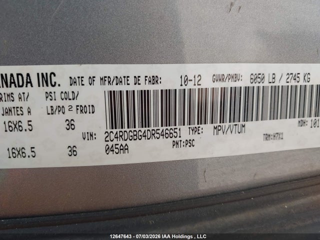 12647643 :رقم المزاد ، 2C4RDGBG4DR546651 vin ، 2013 Dodge Grand Caravan Se مزاد بيع