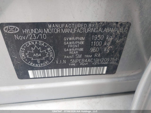 Продаж на аукціоні авто 2011 Hyundai Sonata Gls, vin: 5NPEB4AC1BH209754, номер лоту: 12647647