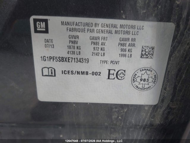 12647648 :رقم المزاد ، 1G1PF5SBXE7134319 vin ، 2014 Chevrolet Cruze 2lt مزاد بيع