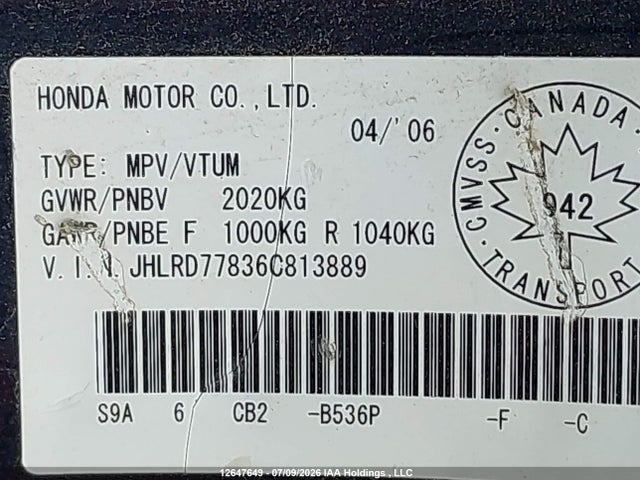 2006 Honda Cr-v მანქანა იყიდება აუქციონზე, vin: JHLRD77836C813889, აუქციონის ნომერი: 12647649