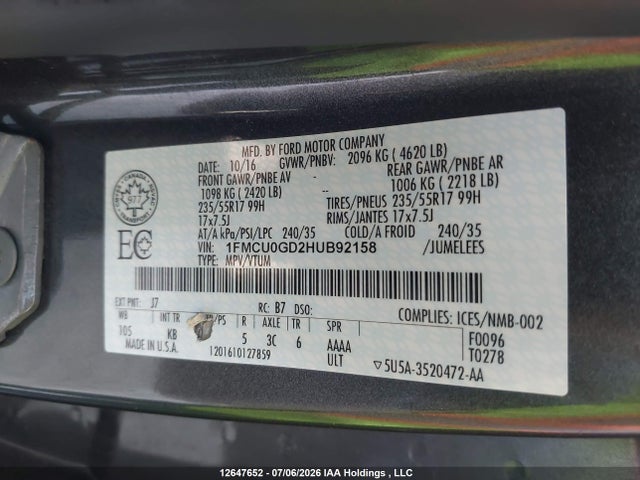 12647652 :رقم المزاد ، 1FMCU0GD2HUB92158 vin ، 2017 Ford Escape Se مزاد بيع