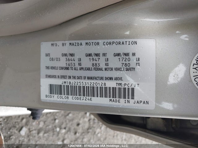 Aukcja sprzedaży 2003 Mazda Protege Dx/lx/es, vin: JM1BJ225531220128, numer aukcji: 12647654
