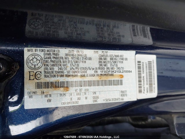 12647659 :رقم المزاد ، 1FADP3K21GL210084 vin ، 2016 Ford Focus مزاد بيع