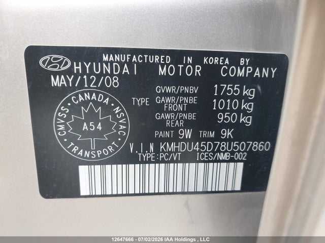 12647666 :رقم المزاد ، KMHDU45D78U507860 vin ، 2008 Hyundai Elantra Gl/gls/gls Sport/limited مزاد بيع