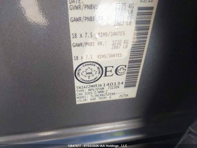 Продаж на аукціоні авто 2018 Nissan Murano S/sl/sv/platinum, vin: 5N1AZ2MH9JN140134, номер лоту: 12647677