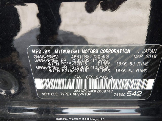 2019 Mitsubishi Outlander Es მანქანა იყიდება აუქციონზე, vin: JA4AZ2A38KZ609747, აუქციონის ნომერი: 12647688
