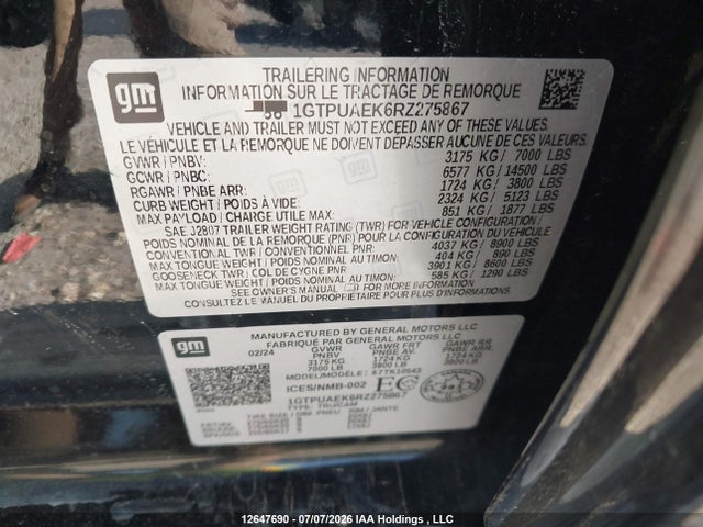 12647690 :رقم المزاد ، 1GTPUAEK6RZ275867 vin ، 2024 Gmc Sierra K1500 مزاد بيع