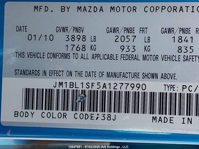 12647691 :رقم المزاد ، JM1BL1SF5A1277990 vin ، 2010 Mazda Mazda3 Gs/gx مزاد بيع