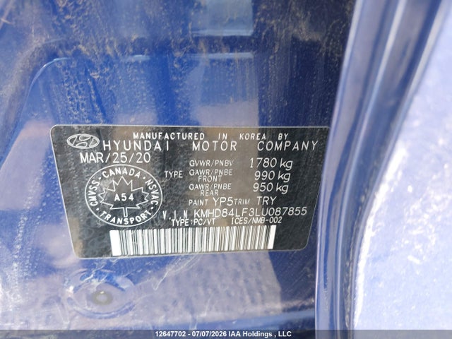 12647702 :رقم المزاد ، KMHD84LF3LU087855 vin ، 2020 Hyundai Elantra Preferred Auto Ivt مزاد بيع