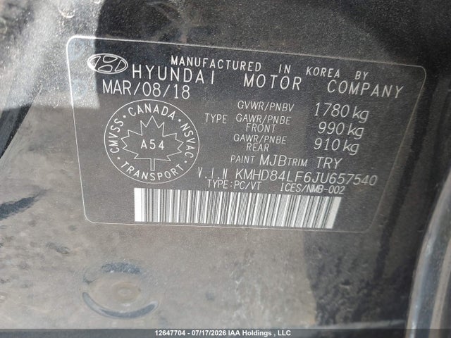 12647704 :رقم المزاد ، KMHD84LF6JU657540 vin ، 2018 Hyundai Elantra مزاد بيع
