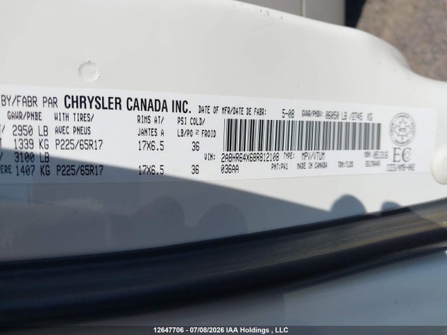 2008 Chrysler Town & Country მანქანა იყიდება აუქციონზე, vin: 2A8HR64X68R812108, აუქციონის ნომერი: 12647706