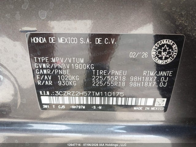 Продаж на аукціоні авто 2026 Honda Hr-v Sport, vin: 3CZRZ2H57TM110175, номер лоту: 12647716