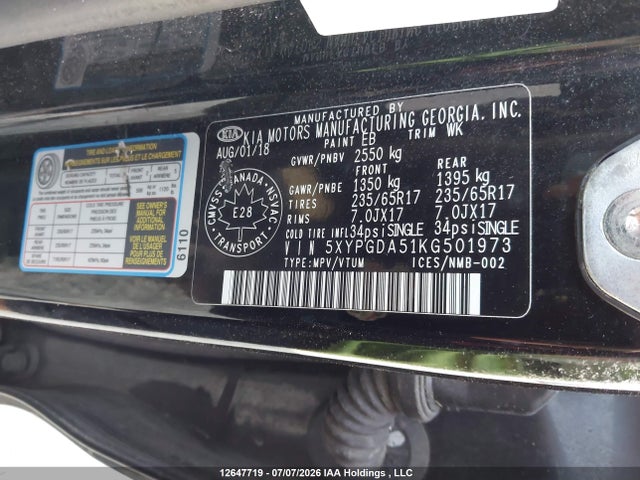 Aukcja sprzedaży 2019 Kia Sorento 2.4l Lx/3.3l Lx, vin: 5XYPGDA51KG501973, numer aukcji: 12647719