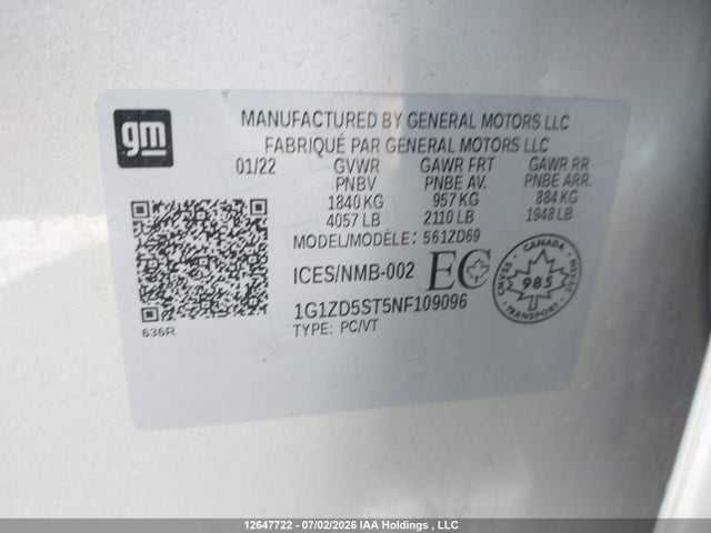 Продаж на аукціоні авто 2022 Chevrolet Malibu Lt, vin: 1G1ZD5ST5NF109096, номер лоту: 12647722