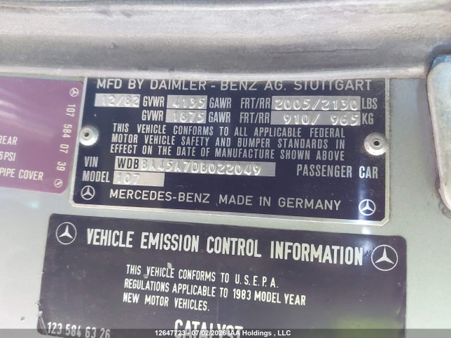 Продаж на аукціоні авто 1983 Mercedes-benz 380 Sl, vin: WDBBA45A7DB022049, номер лоту: 12647723