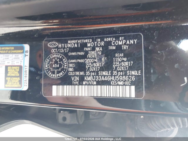 Auction sale of the 2017 Hyundai Tucson Limited/sport And Eco/se, vin: KM8J33A46HU598626, lot number: 12647727