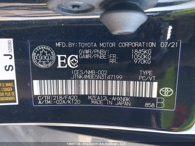 Aukcja sprzedaży 2022 Toyota Corolla Se, vin: JTNK4MBE5N3147199, numer aukcji: 12647730
