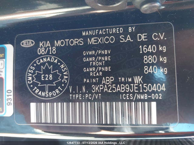 Aukcja sprzedaży 2018 Kia Rio Lx/lx+, vin: 3KPA25AB9JE150404, numer aukcji: 12647733