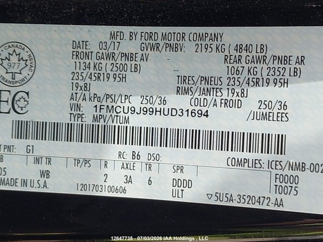12647735 :رقم المزاد ، 1FMCU9J99HUD31694 vin ، 2017 Ford Escape Titanium مزاد بيع