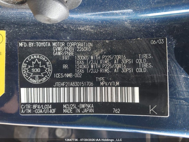2003 Toyota Highlander Limited მანქანა იყიდება აუქციონზე, vin: JTEHF21A830151706, აუქციონის ნომერი: 12647736