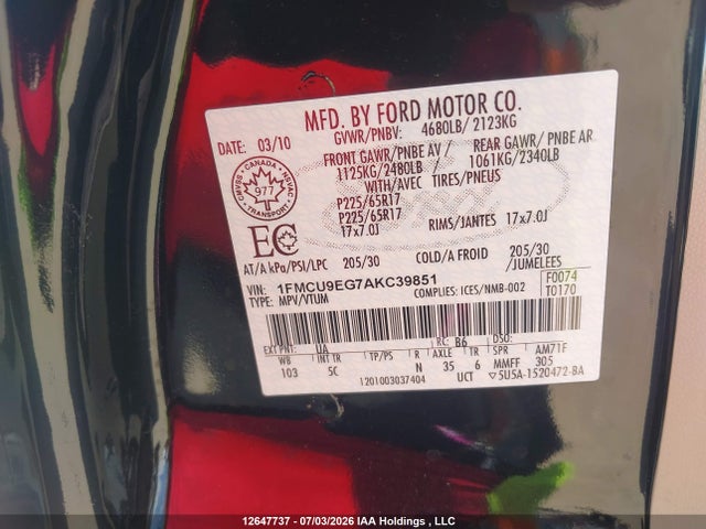 12647737 :رقم المزاد ، 1FMCU9EG7AKC39851 vin ، 2010 Ford Escape Limited مزاد بيع
