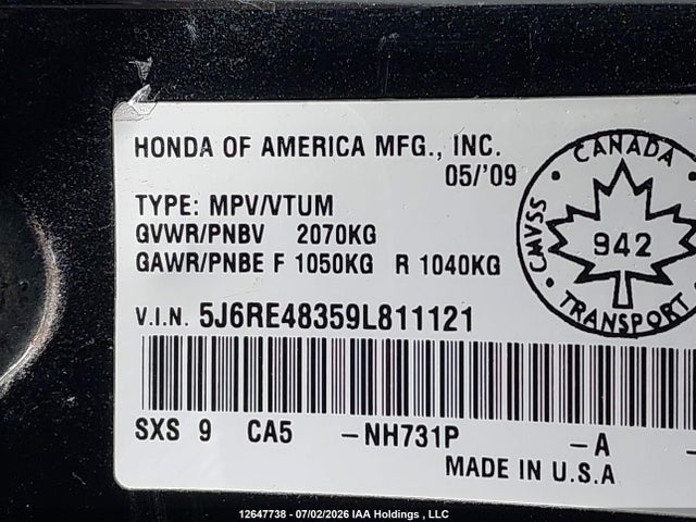 Продажа на аукционе авто 2009 Honda Cr-v, vin: 5J6RE48359L811121, номер лота: 12647738