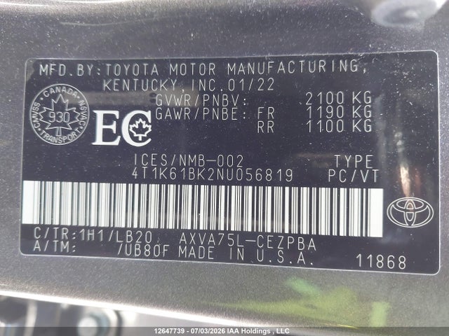 Продаж на аукціоні авто 2022 Toyota Camry Xse, vin: 4T1K61BK2NU056819, номер лоту: 12647739