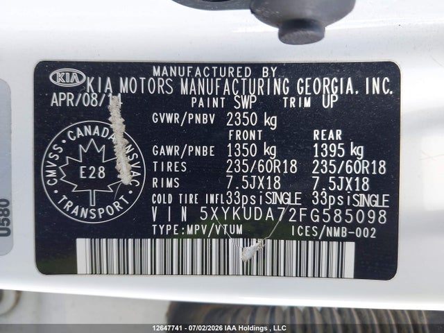 KIA Sorento Ex V6 2015 5XYKUDA72FG585098 Image 9