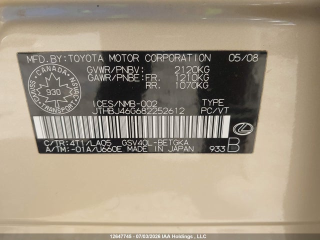 Продажа на аукционе авто 2008 Lexus Es 350 350, vin: JTHBJ46G682252612, номер лота: 12647745