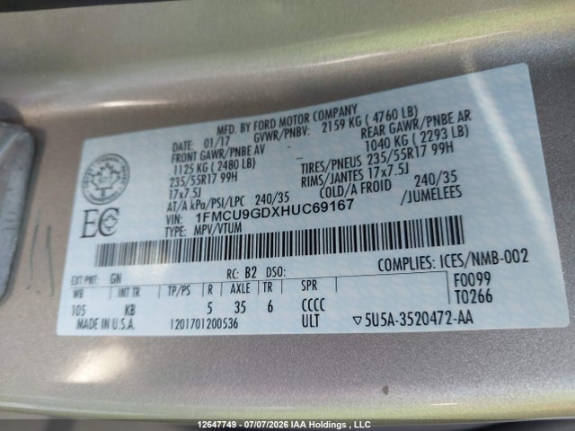 12647749 :رقم المزاد ، 1FMCU9GDXHUC69167 vin ، 2017 Ford Escape مزاد بيع