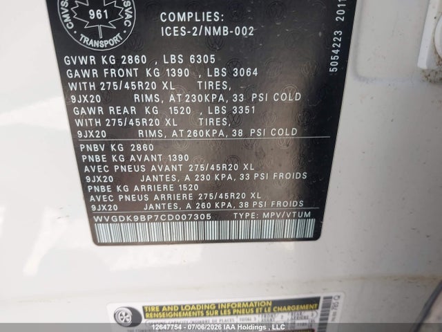 12647754 :رقم المزاد ، WVGDK9BP7CD007305 vin ، 2012 Volkswagen Touareg Tdi مزاد بيع